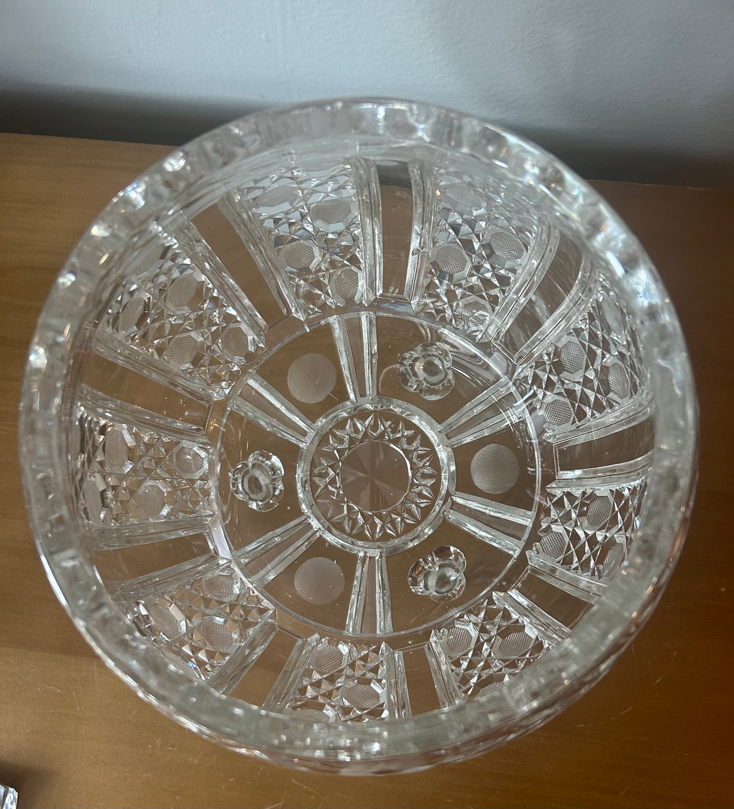 American Brilliant 3 Footed Crystal Clear Bowl Etched Flowers and Dots Vintage