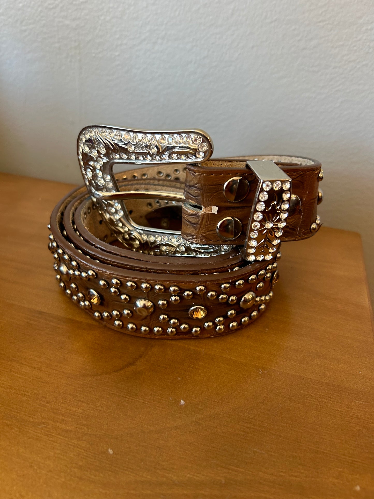 Nocona Leather Belt Western Rhinestone Bling Womens Large Brown Tooled