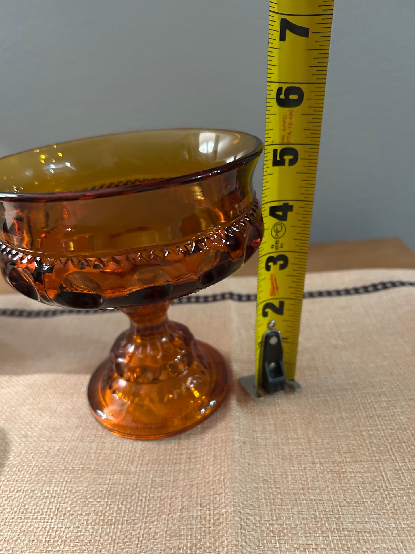 VTG Indiana Amber Glass Thumbprint Kings Crown Compote Candy Dish Bowl