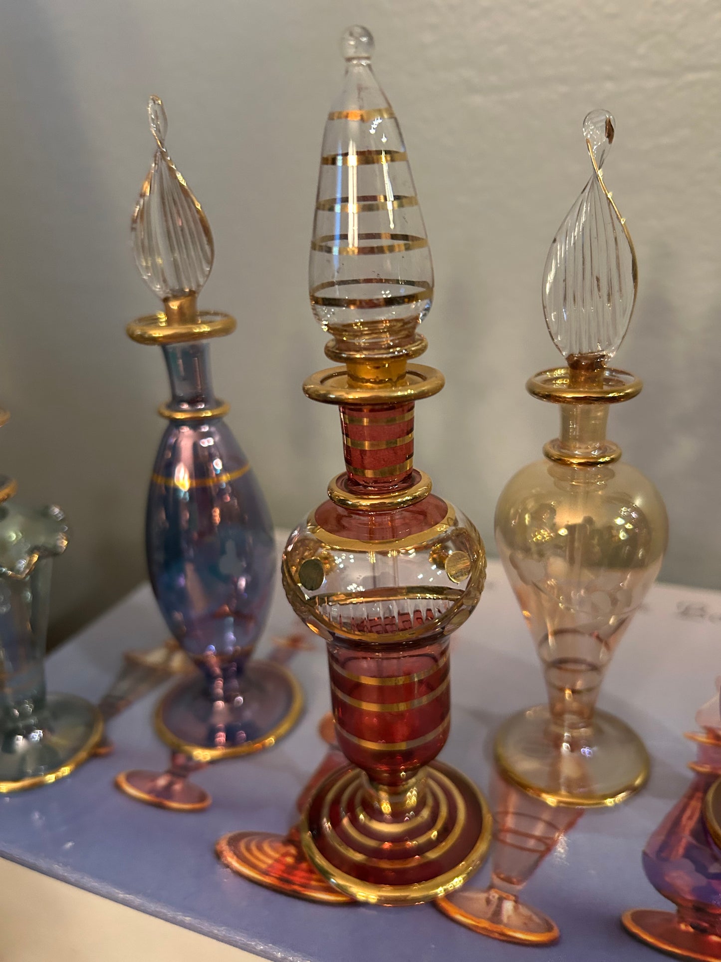 Vintage Set of Five Egyptian Perfume Bottles 24K Gold Plated Mouth Blown New