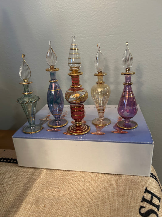 Vintage Set of Five Egyptian Perfume Bottles 24K Gold Plated Mouth Blown New