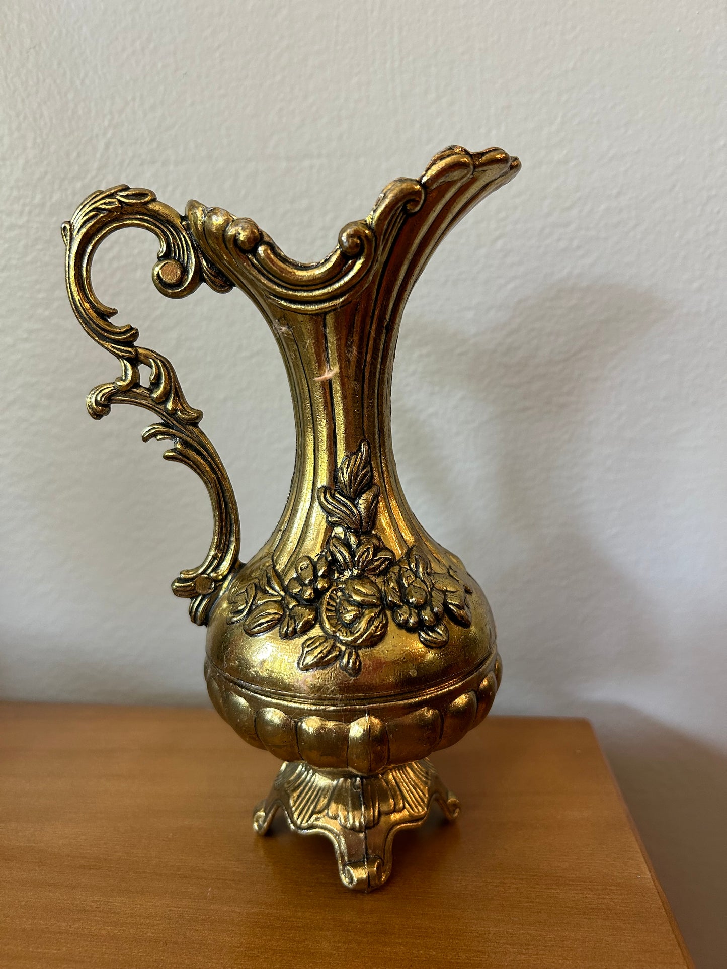 Italian Ornate Brass Pitcher 7”Tall Embossed Floral Design Footed Made In Italy