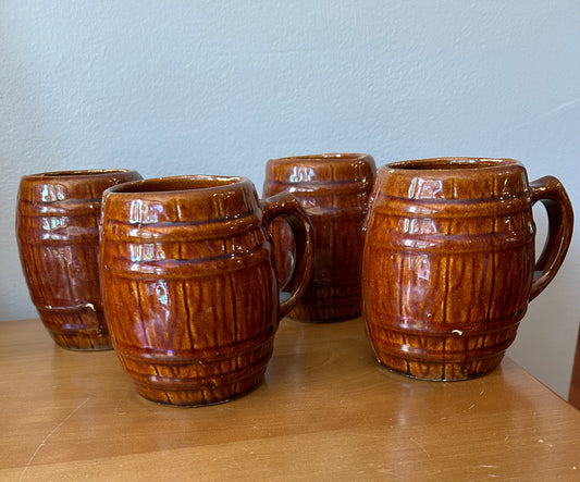 Set of 4 McCoy Barrel Mugs Brown Pottery Tankard 1929