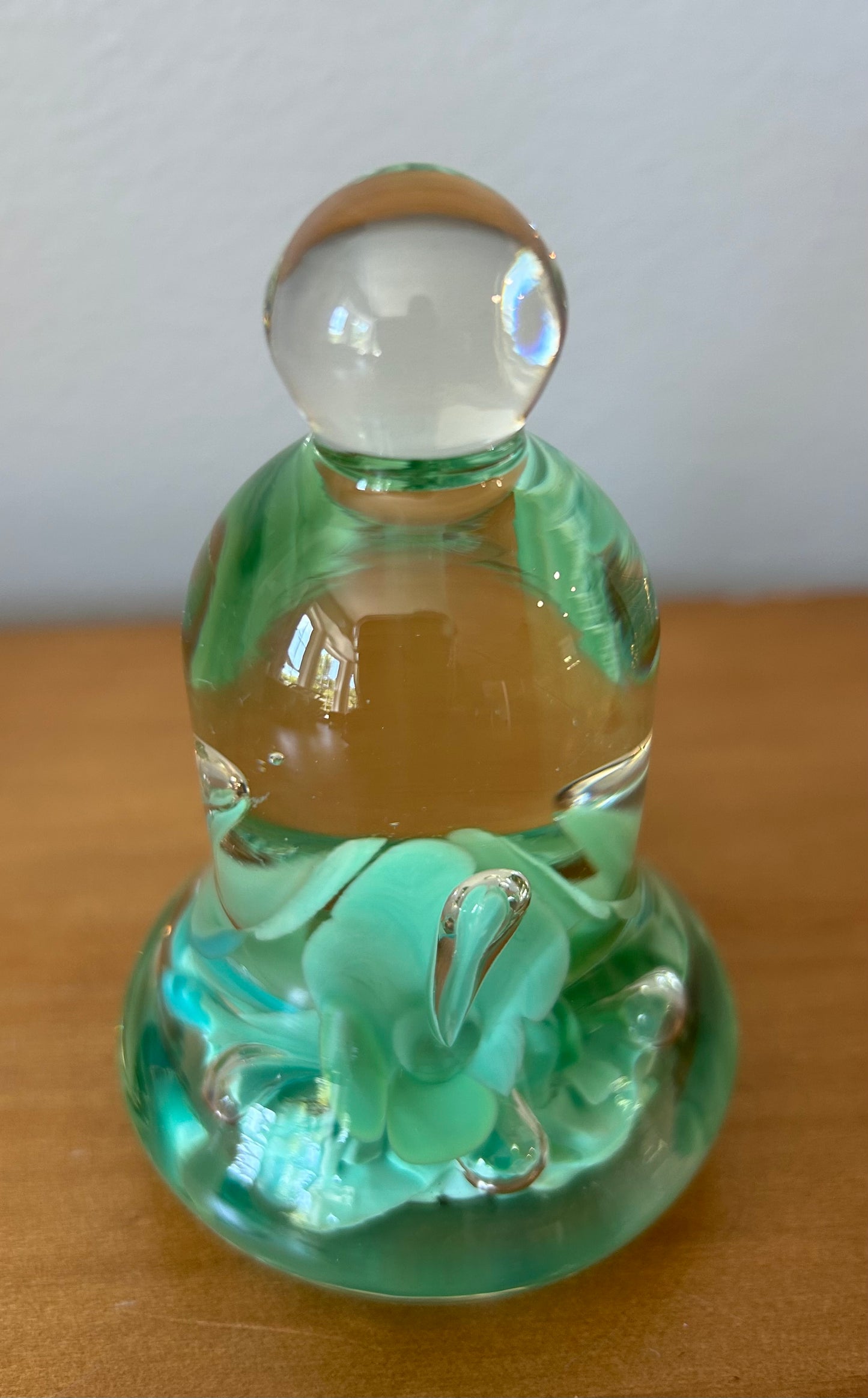 Vintage Joe St Clair 4" GREENArt Glass Bell Paperweight Flowers Bubbles Excell