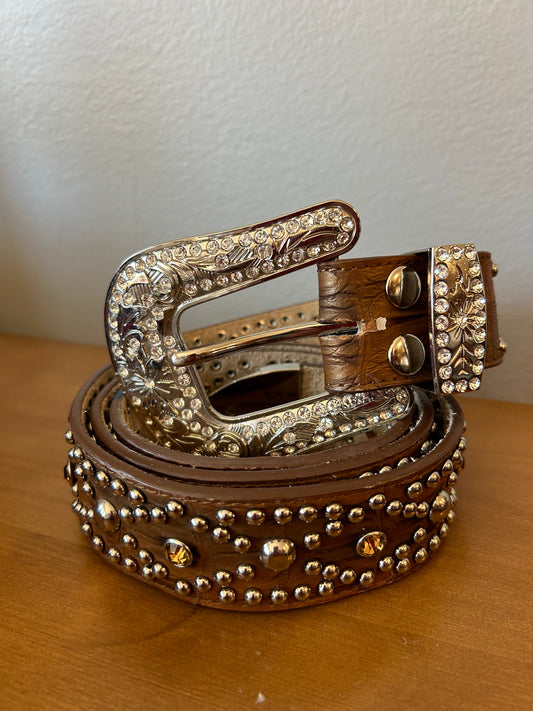 Nocona Leather Belt Western Rhinestone Bling Womens Large Brown Tooled