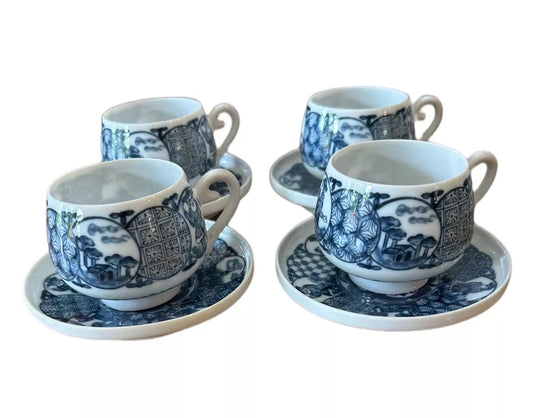 Vintage International Japan Ching Te Chen Set of 4 Cups & Saucers Blue