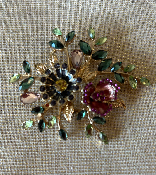 Napier Flower Brooch Gold Tone Enamel Green White Pink Purple Stones