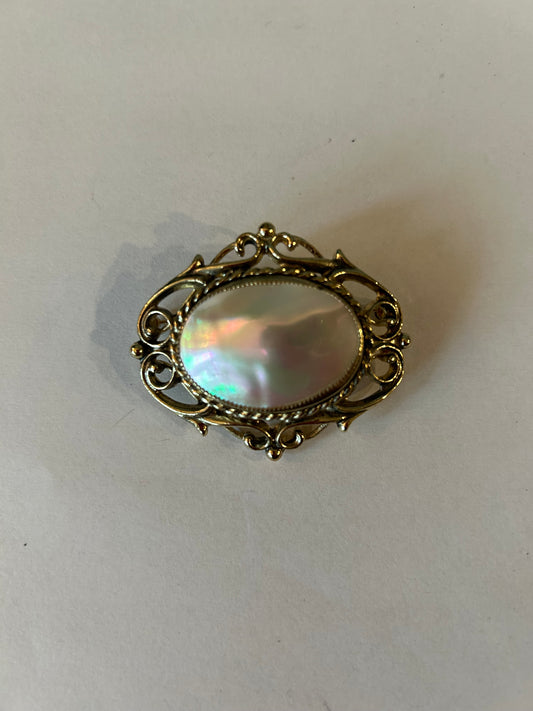 Gold Tone  Filigree  Mother Of Pearl Brooch /pin