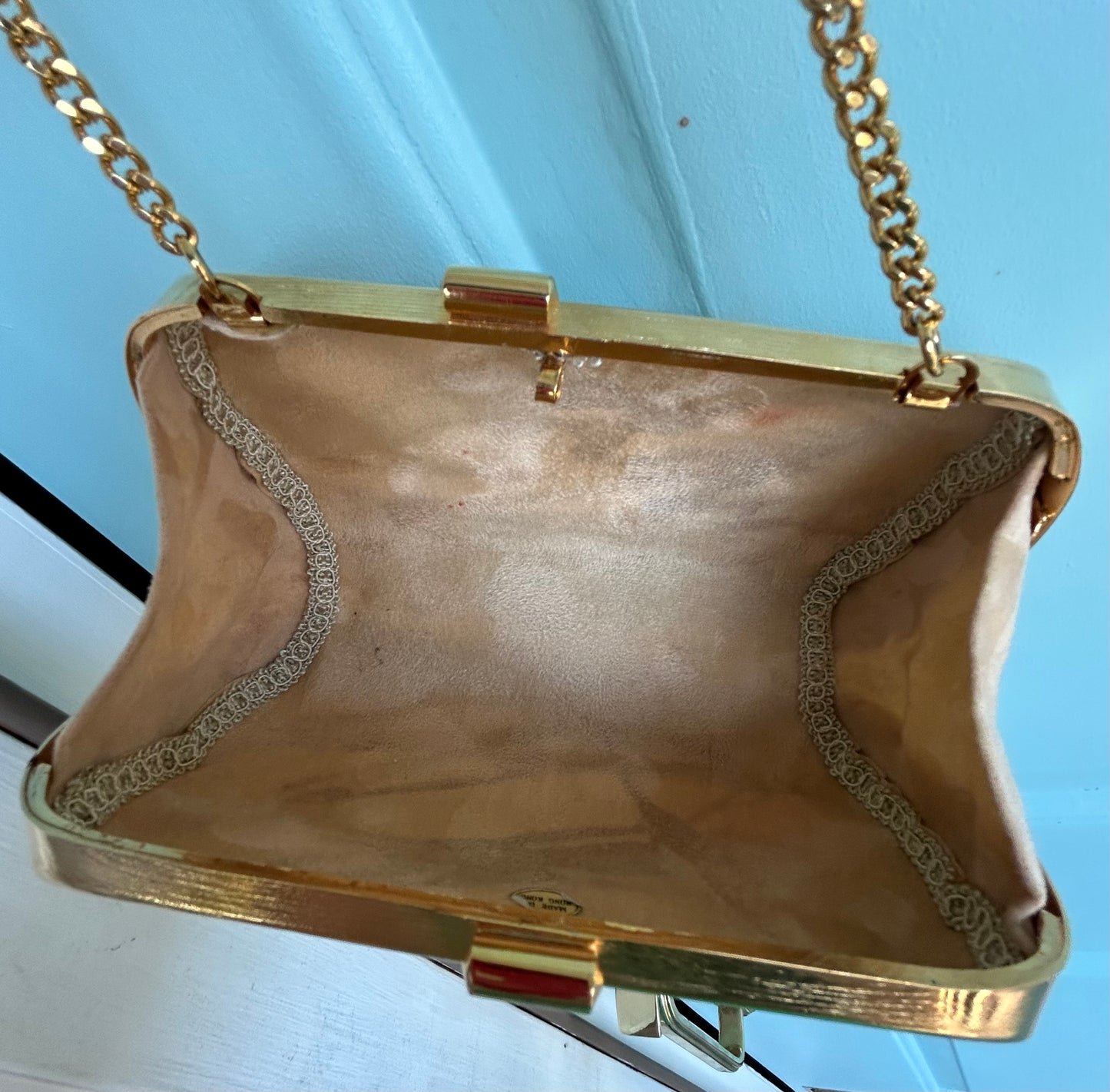 Vintage Gold Metal Hard Evening Purse w/chain Handle