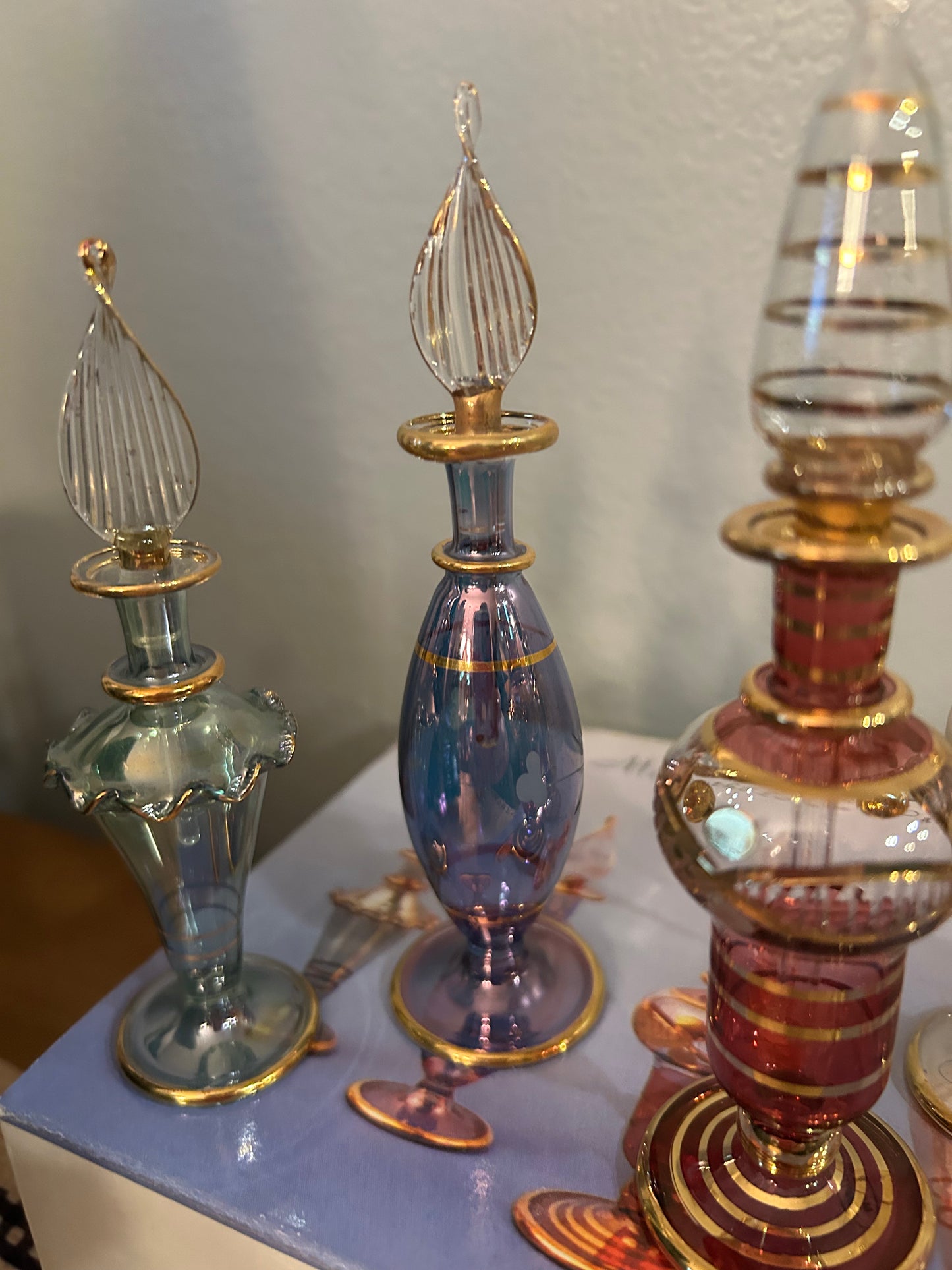 Vintage Set of Five Egyptian Perfume Bottles 24K Gold Plated Mouth Blown New