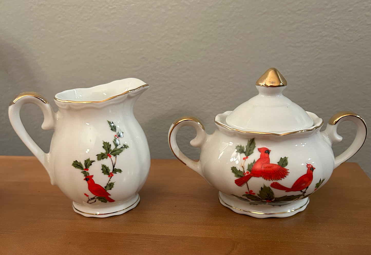 VTG Lefton Red Cardinal Holly Sugar Creamer Christmas Set Japan Bone China