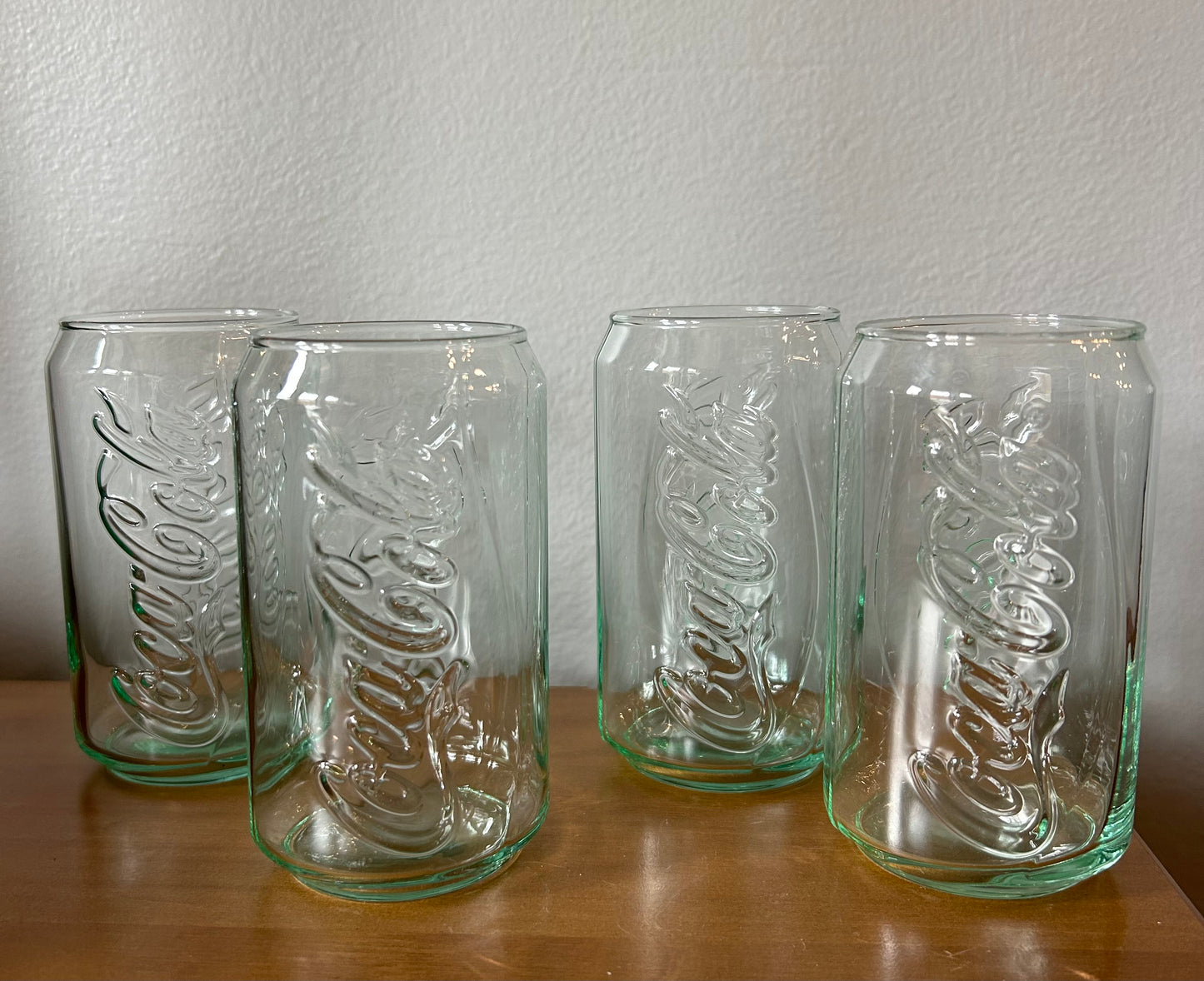 Coca-Cola Coke Can Embossed Logo Clear Green Glasses 12 Ounce Vintage Set of 4