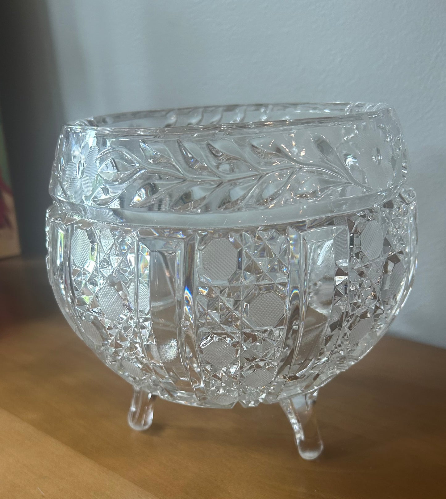 American Brilliant 3 Footed Crystal Clear Bowl Etched Flowers and Dots Vintage