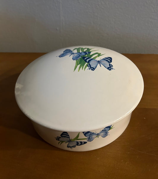 VINTAGE FTD BLUE BUTTERFLY PORCELAIN TRINKET/JEWELRY BOX DISH W/LID THAILAND EUC