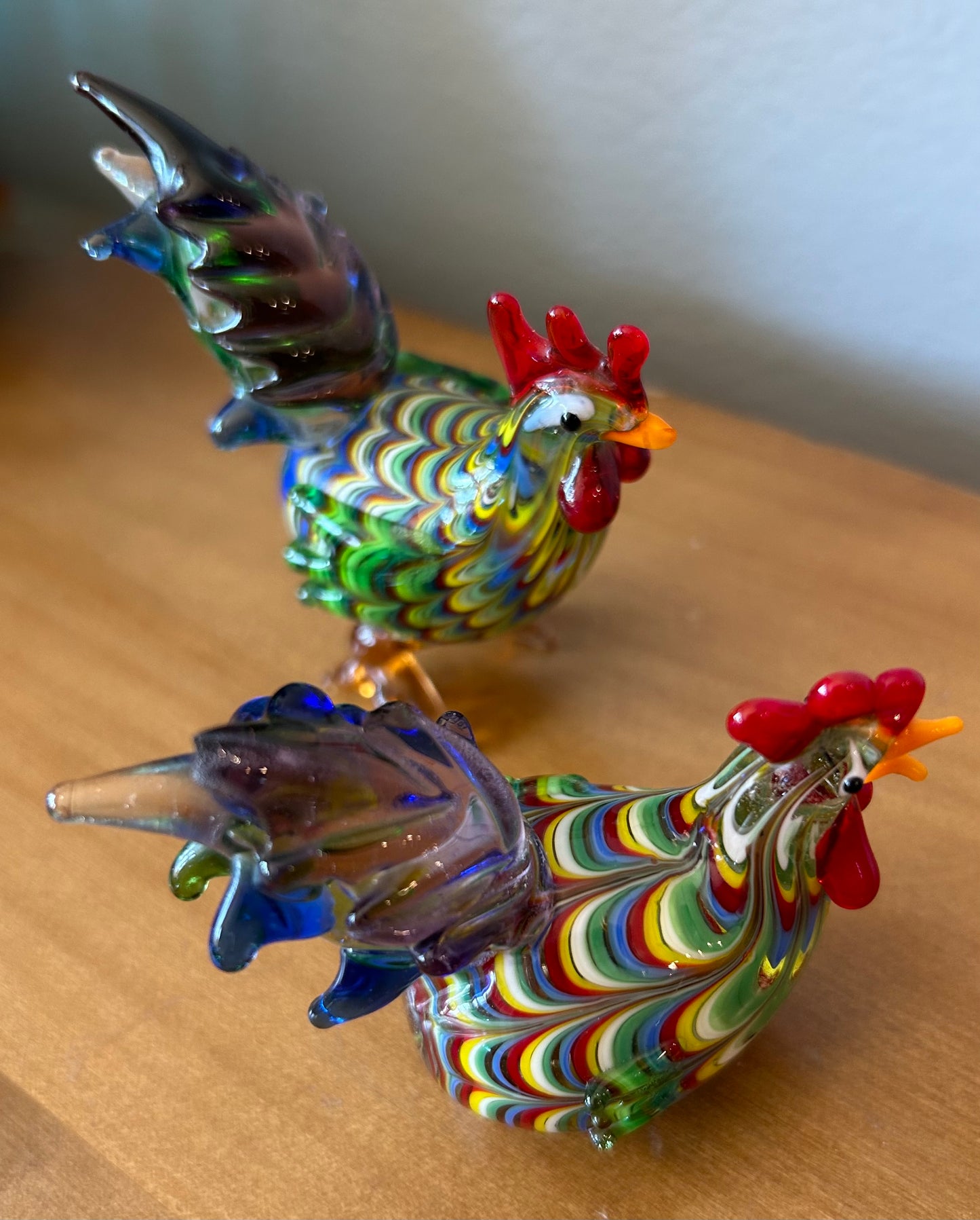 2 Fitz And Floyd Glass Menagerie Rooster Chicken Hand Blown Glass Art