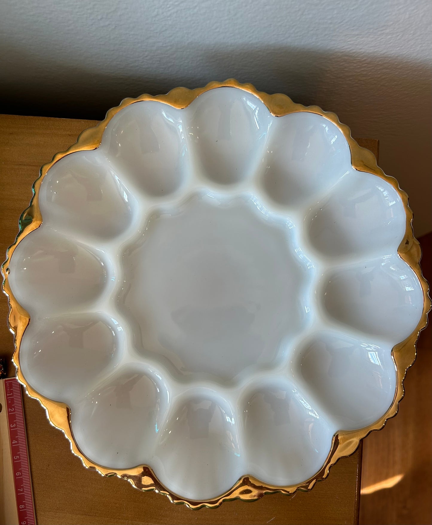 Vintage White Milk Glass Egg Plate Gold Trim Mid Century