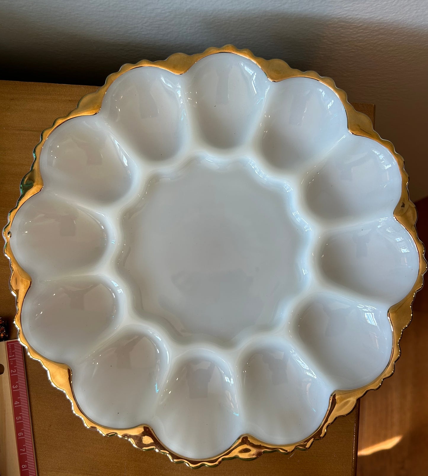 Vintage White Milk Glass Egg Plate Gold Trim Mid Century