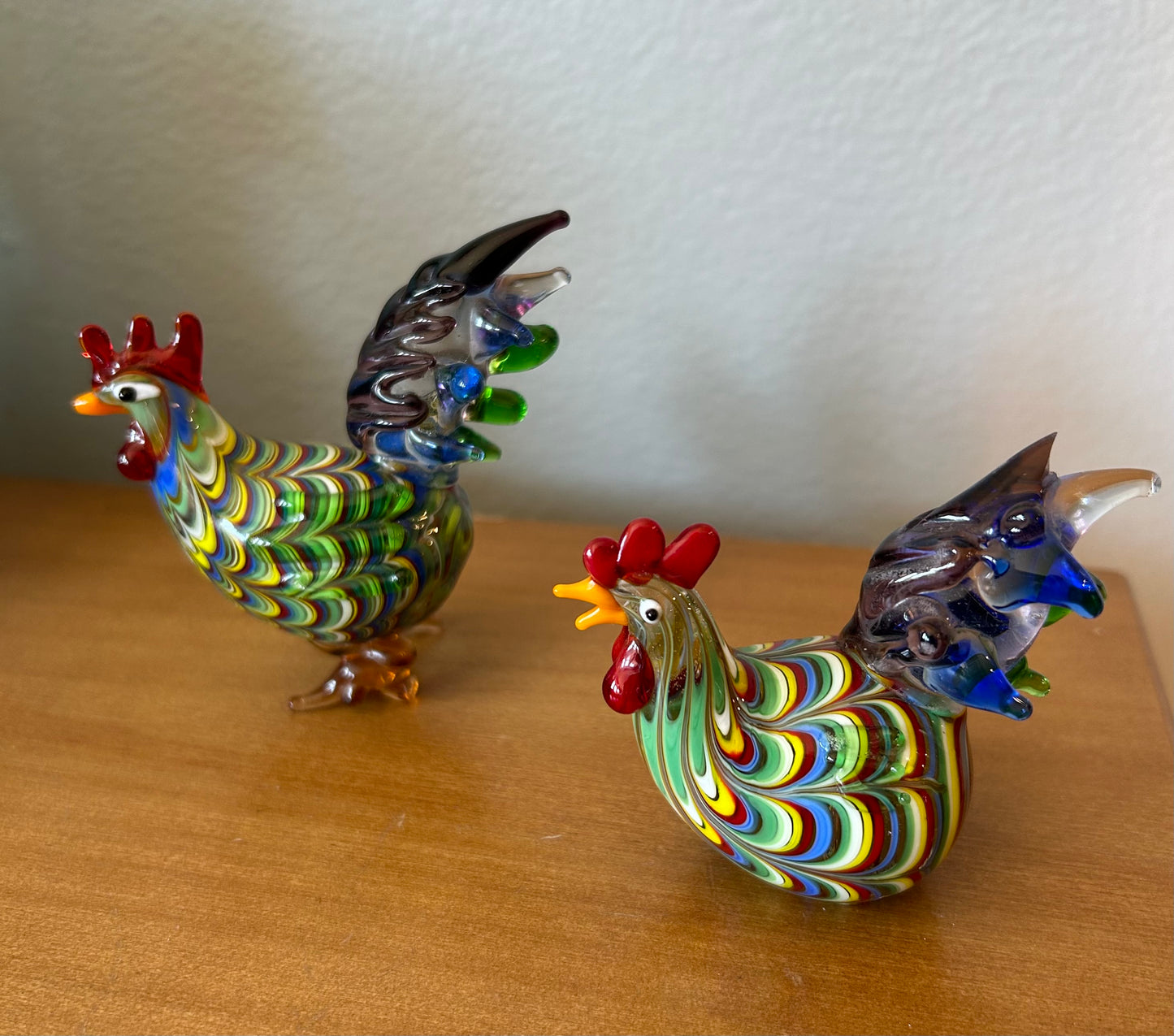 2 Fitz And Floyd Glass Menagerie Rooster Chicken Hand Blown Glass Art