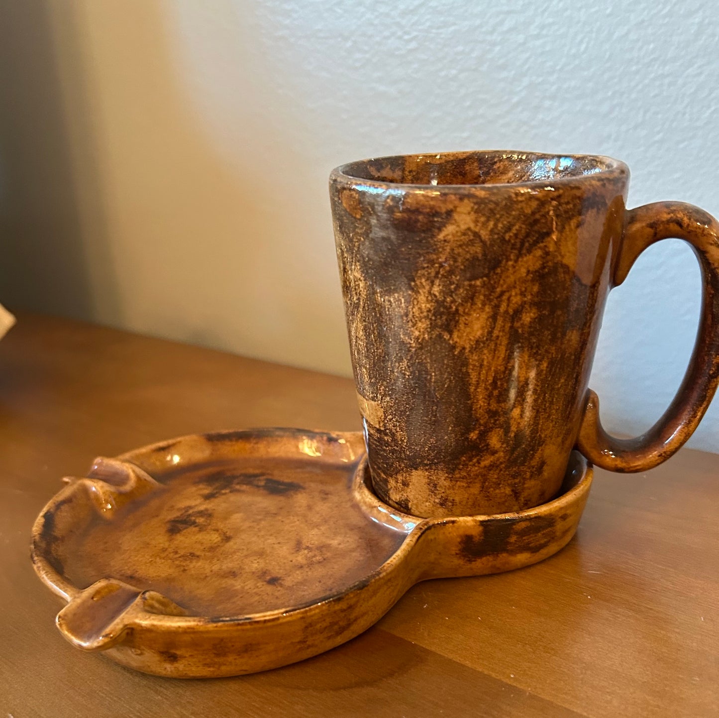 Vintage Studio Pottery Coffee Cup Holder/Ashtray Sip And Smoke