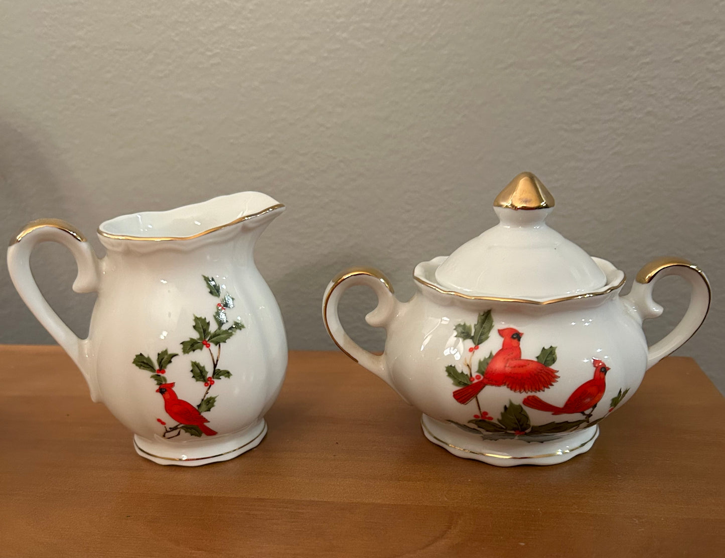 VTG Lefton Red Cardinal Holly Sugar Creamer Christmas Set Japan Bone China