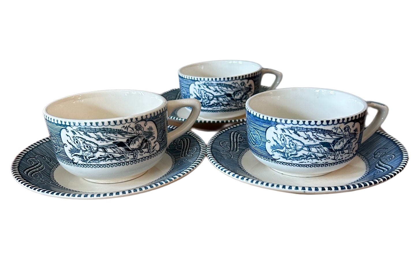 CURRIER & IVES BLUE BY ROYAL CHINA 3 FLAT TEA CUPS AND SAUCERS MADE IN USA