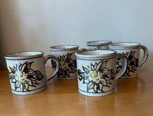 Vintage Stoneware Mugs Floral Design Beige Brown Speckled 5 Mugs