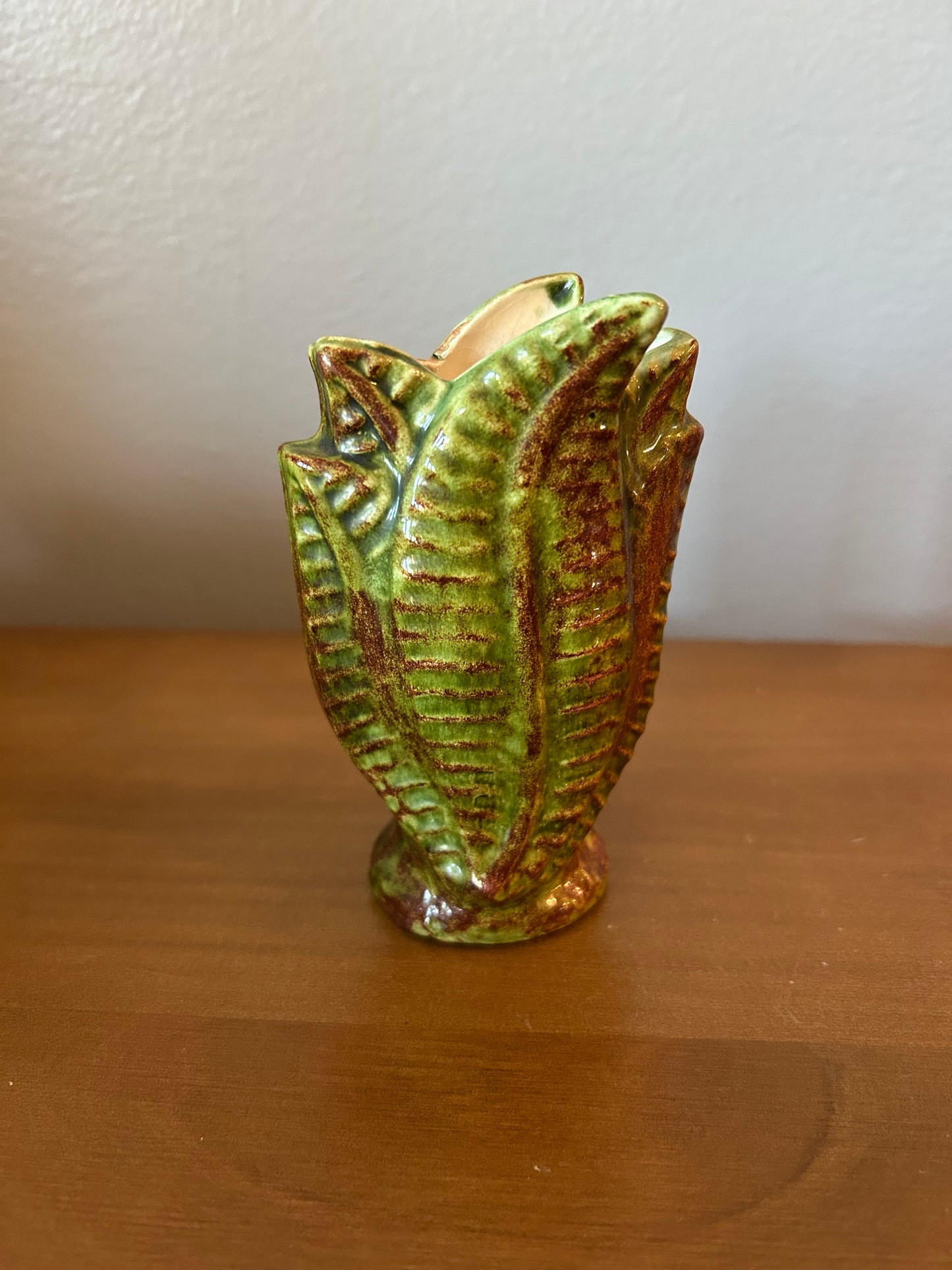 Green Colored Fall Vase 4.25” With Leaf Design Studio Pottery