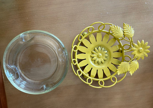 Glass Ashtray With Metal Sunflower Holder Made In The 60s