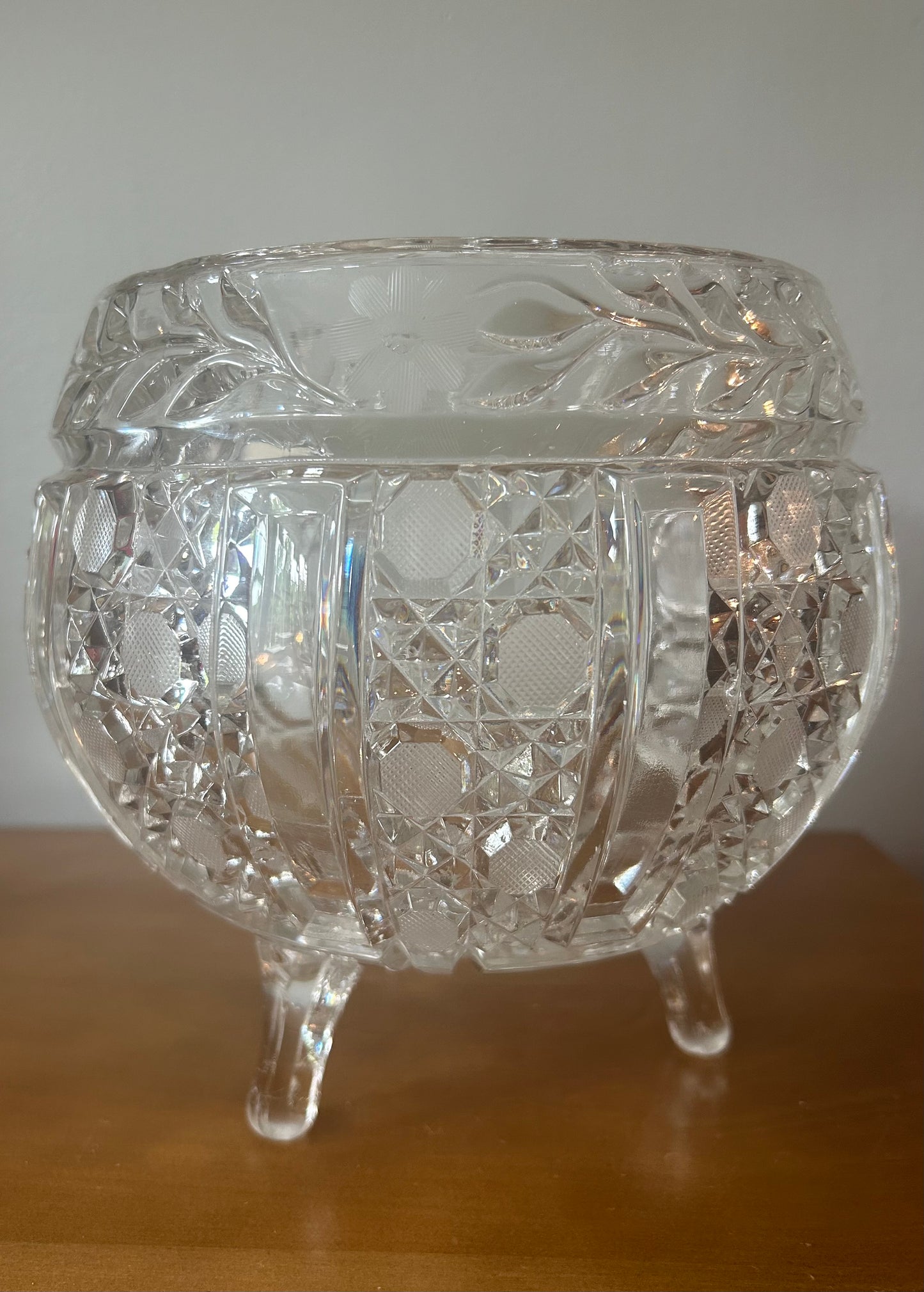 American Brilliant 3 Footed Crystal Clear Bowl Etched Flowers and Dots Vintage