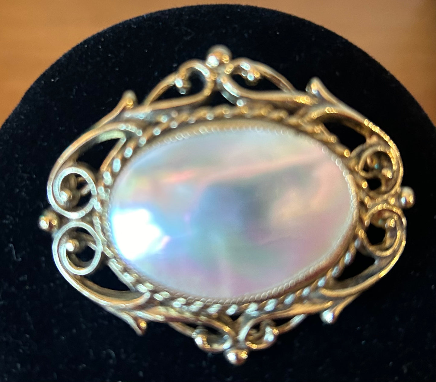 Gold Tone  Filigree  Mother Of Pearl Brooch /pin