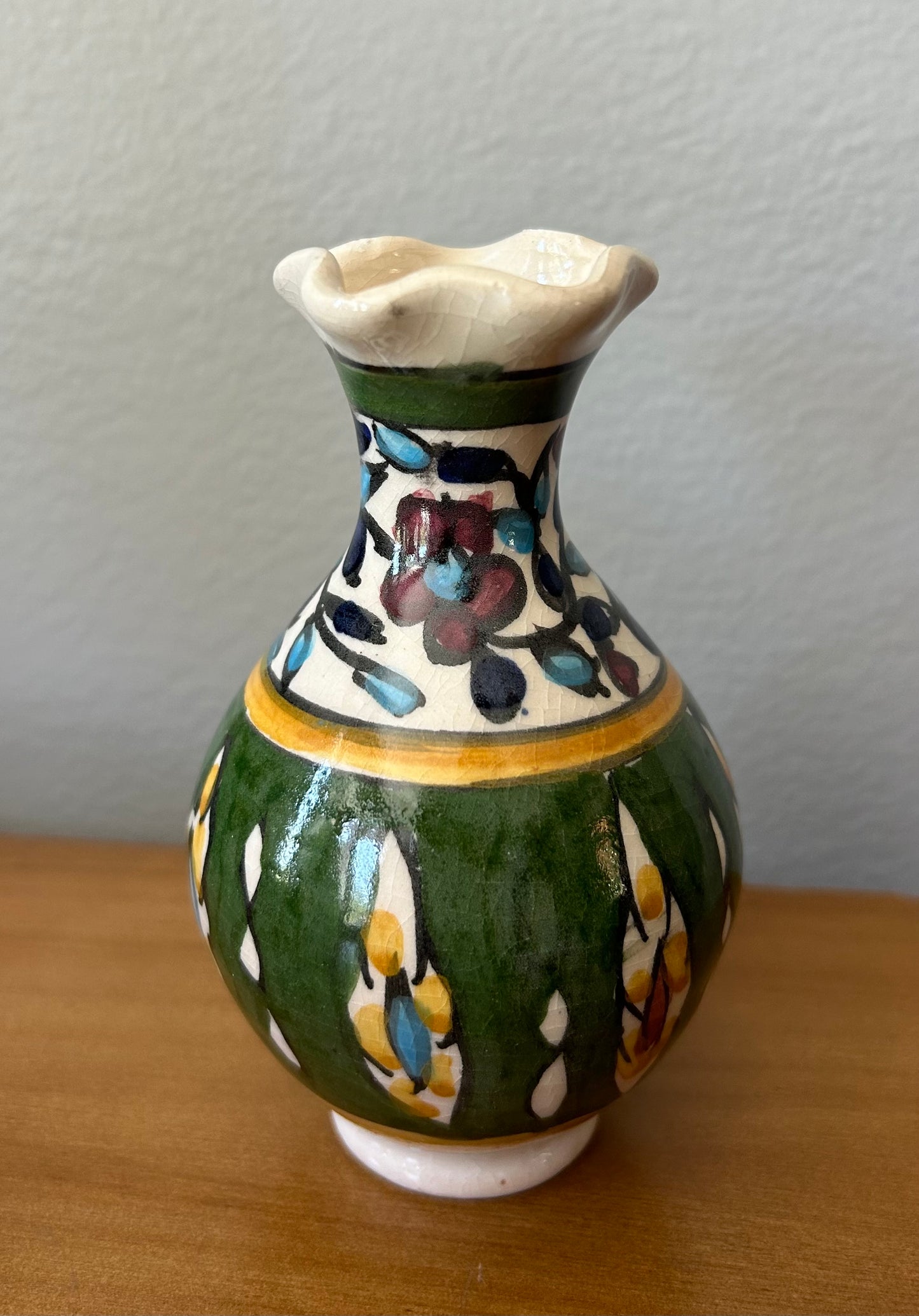 Tiberius Israel Hand Painted Floral Pottery Vase Green