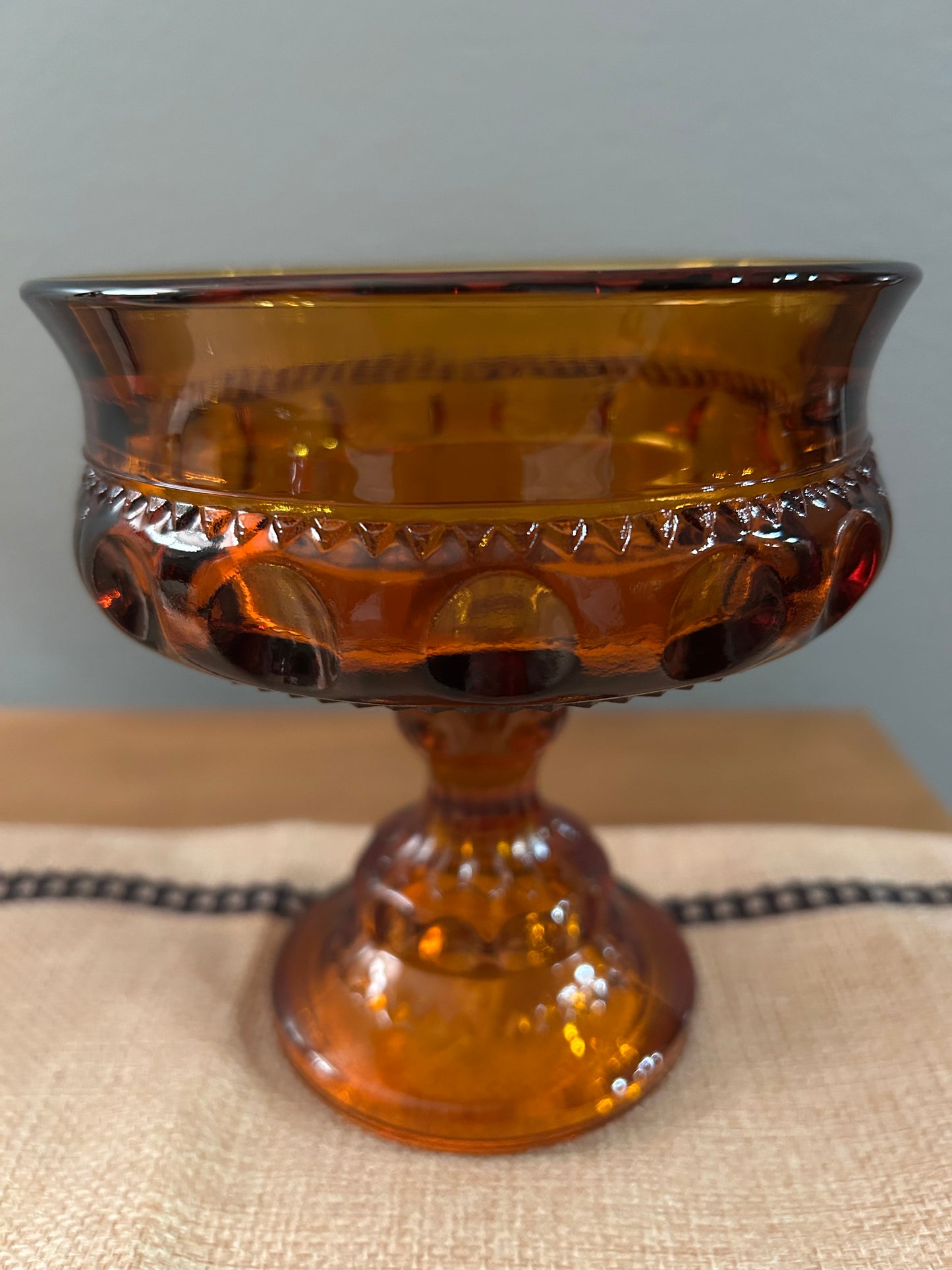 VTG Indiana Amber Glass Thumbprint Kings Crown Compote Candy Dish Bowl