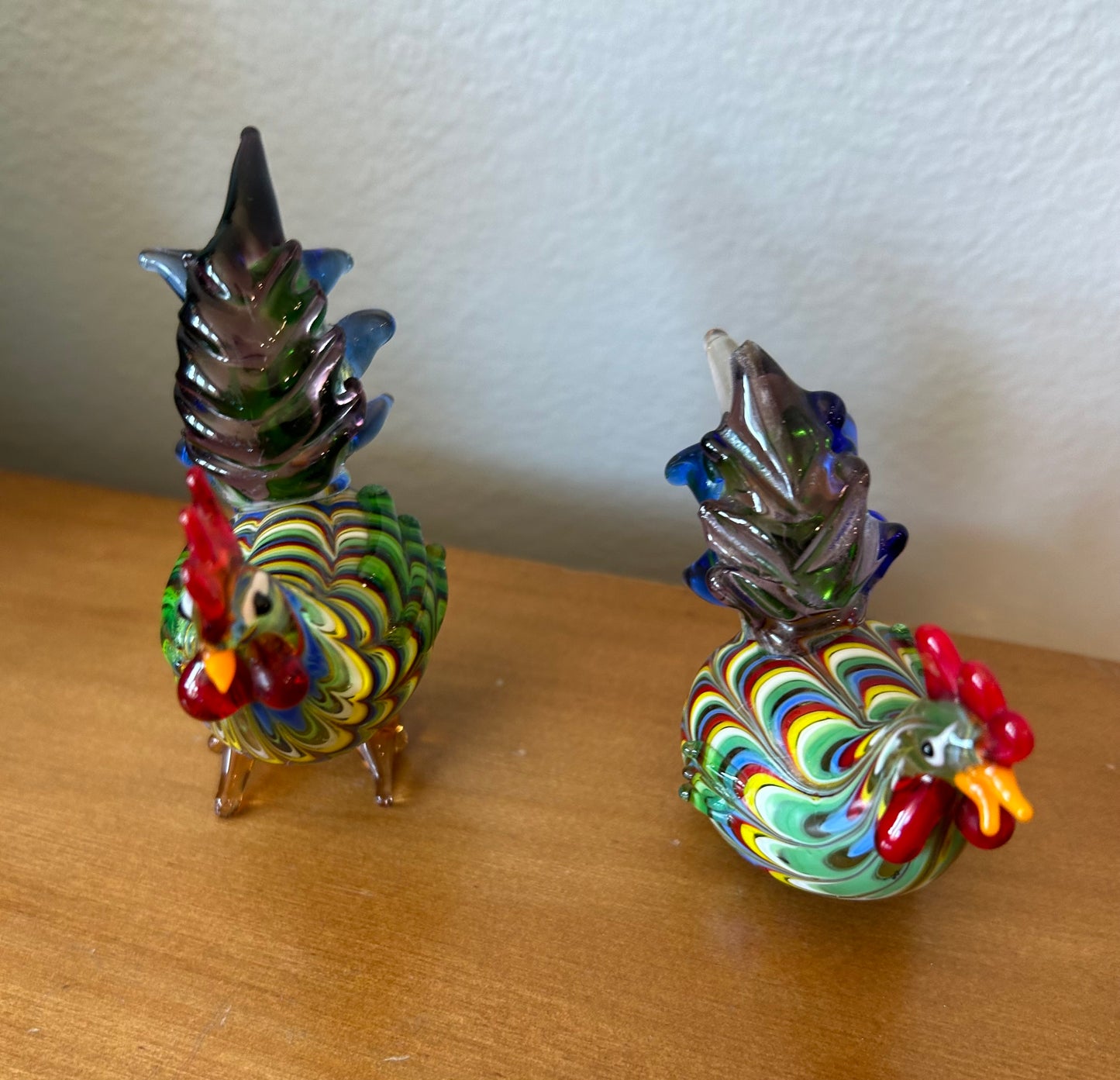 2 Fitz And Floyd Glass Menagerie Rooster Chicken Hand Blown Glass Art