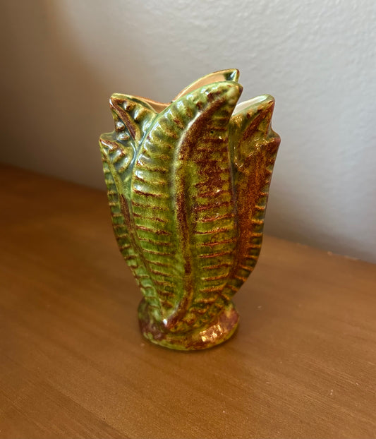 Green Colored Fall Vase 4.25” With Leaf Design Studio Pottery