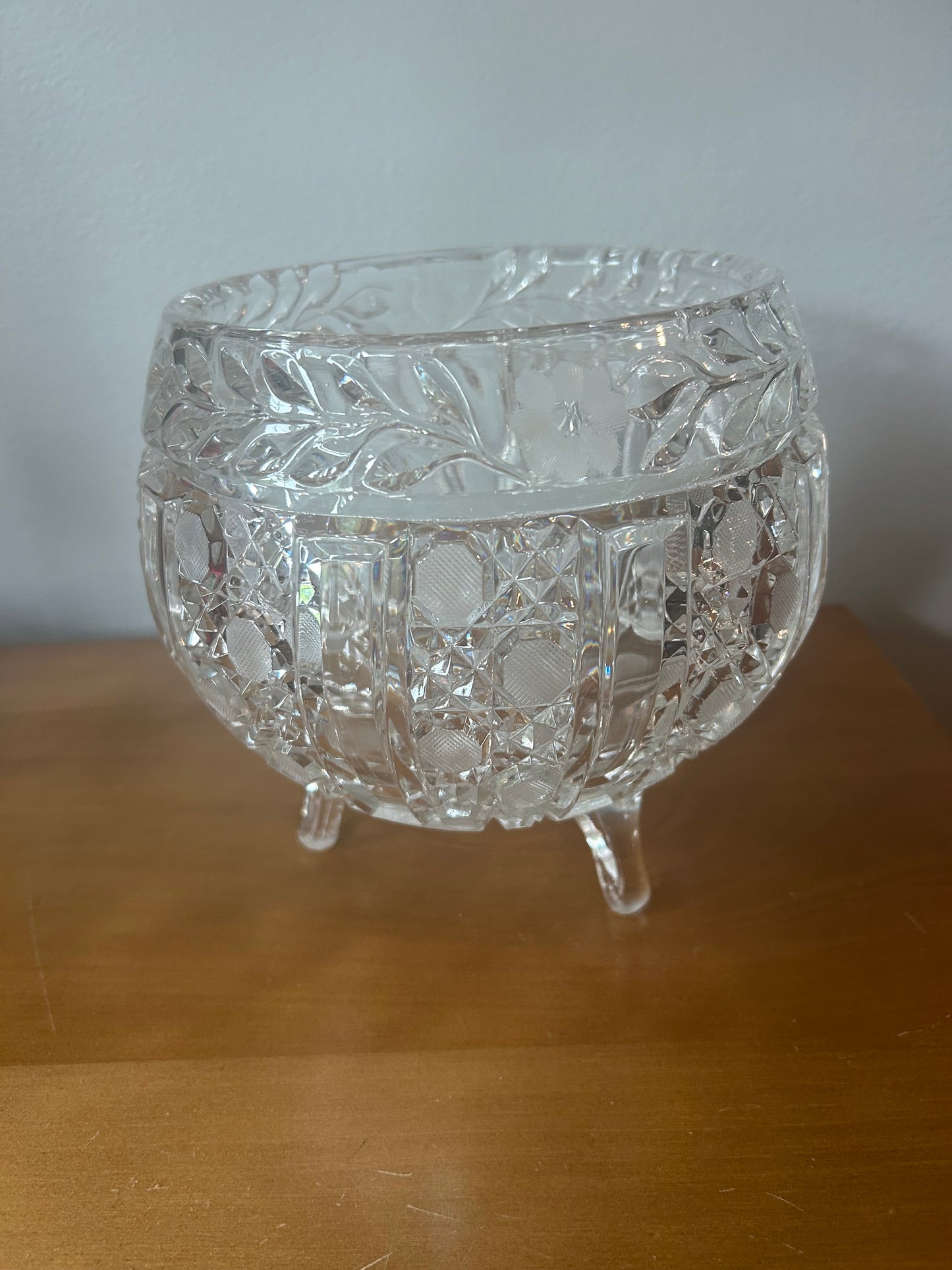 American Brilliant 3 Footed Crystal Clear Bowl Etched Flowers and Dots Vintage