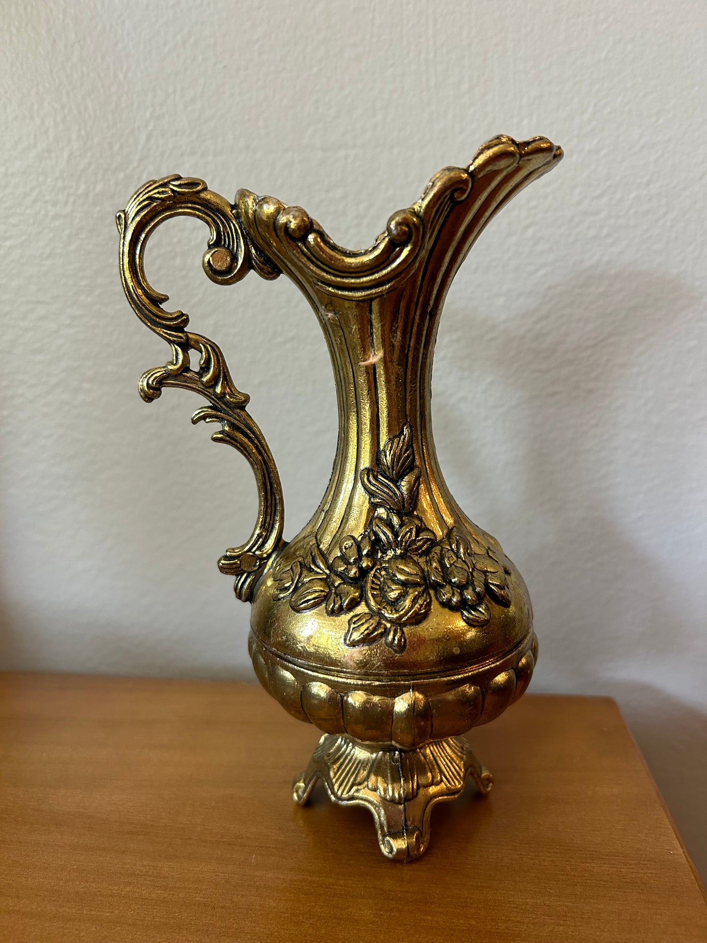 Italian Ornate Brass Pitcher 7”Tall Embossed Floral Design Footed Made In Italy