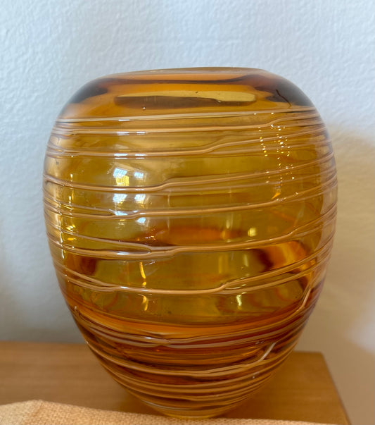 Vintage Milano Style Threaded Amber Glass Vase