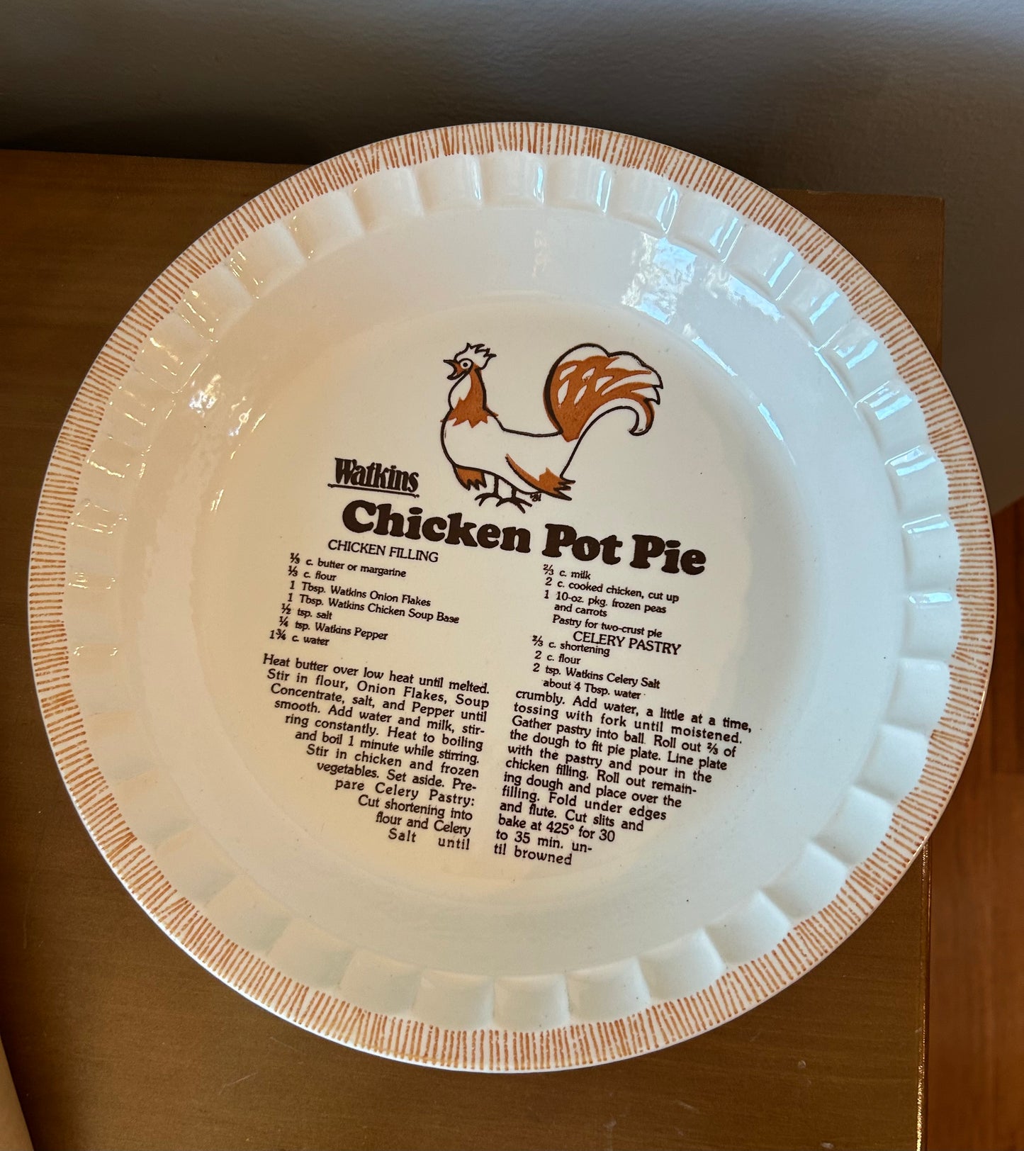 Vintage Watkins 11” Ceramic CHICKEN POT PIE Plate Deep Dish w/Recipe #6295