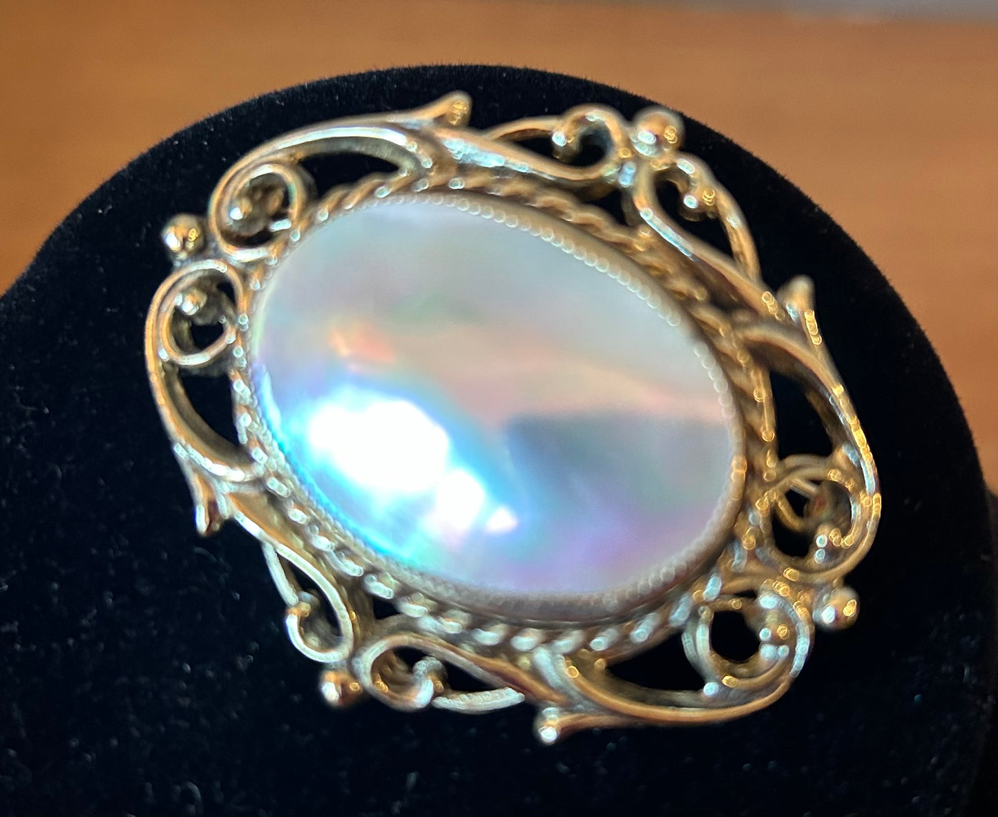 Gold Tone  Filigree  Mother Of Pearl Brooch /pin