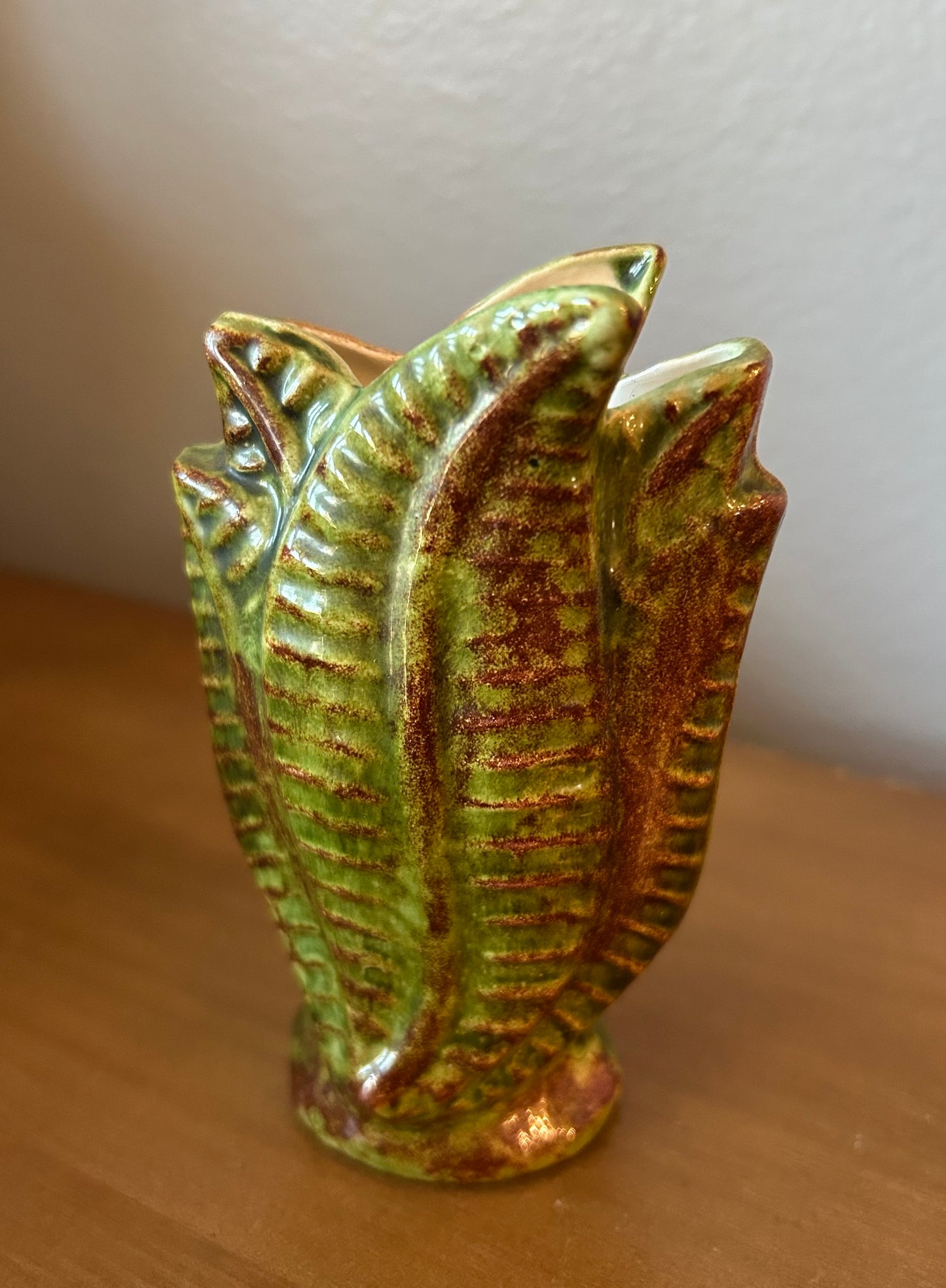 Green Colored Fall Vase 4.25” With Leaf Design Studio Pottery