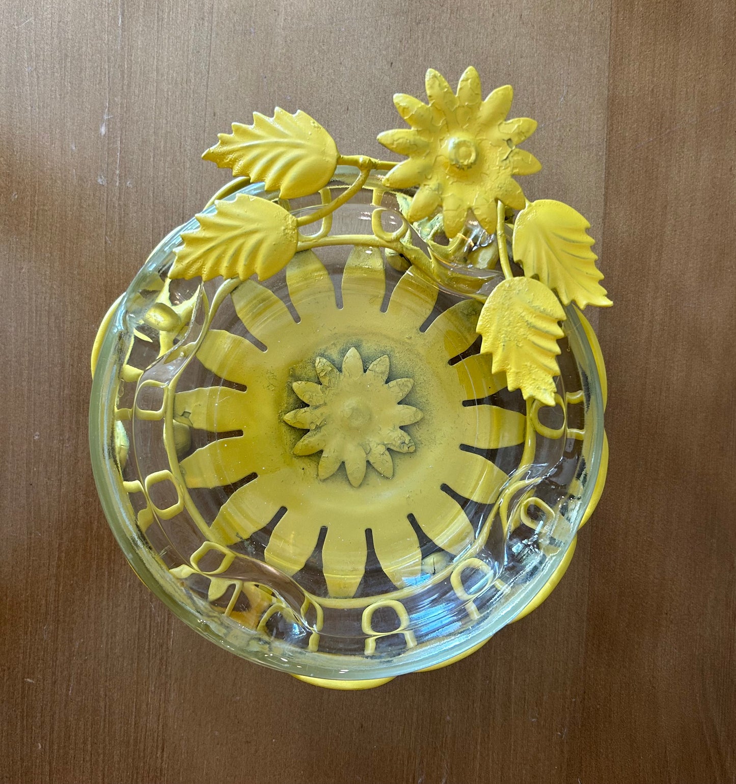 Glass Ashtray With Metal Sunflower Holder Made In The 60s