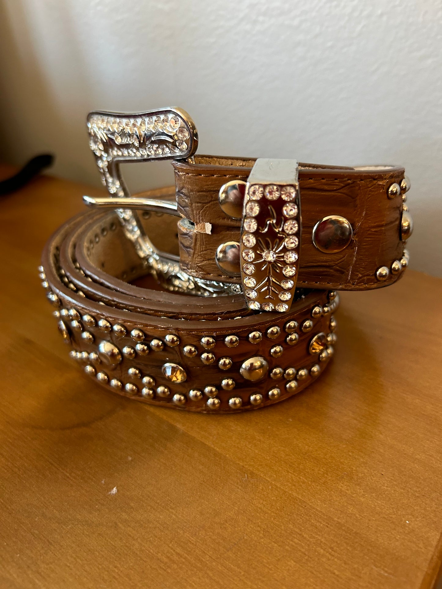 Nocona Leather Belt Western Rhinestone Bling Womens Large Brown Tooled