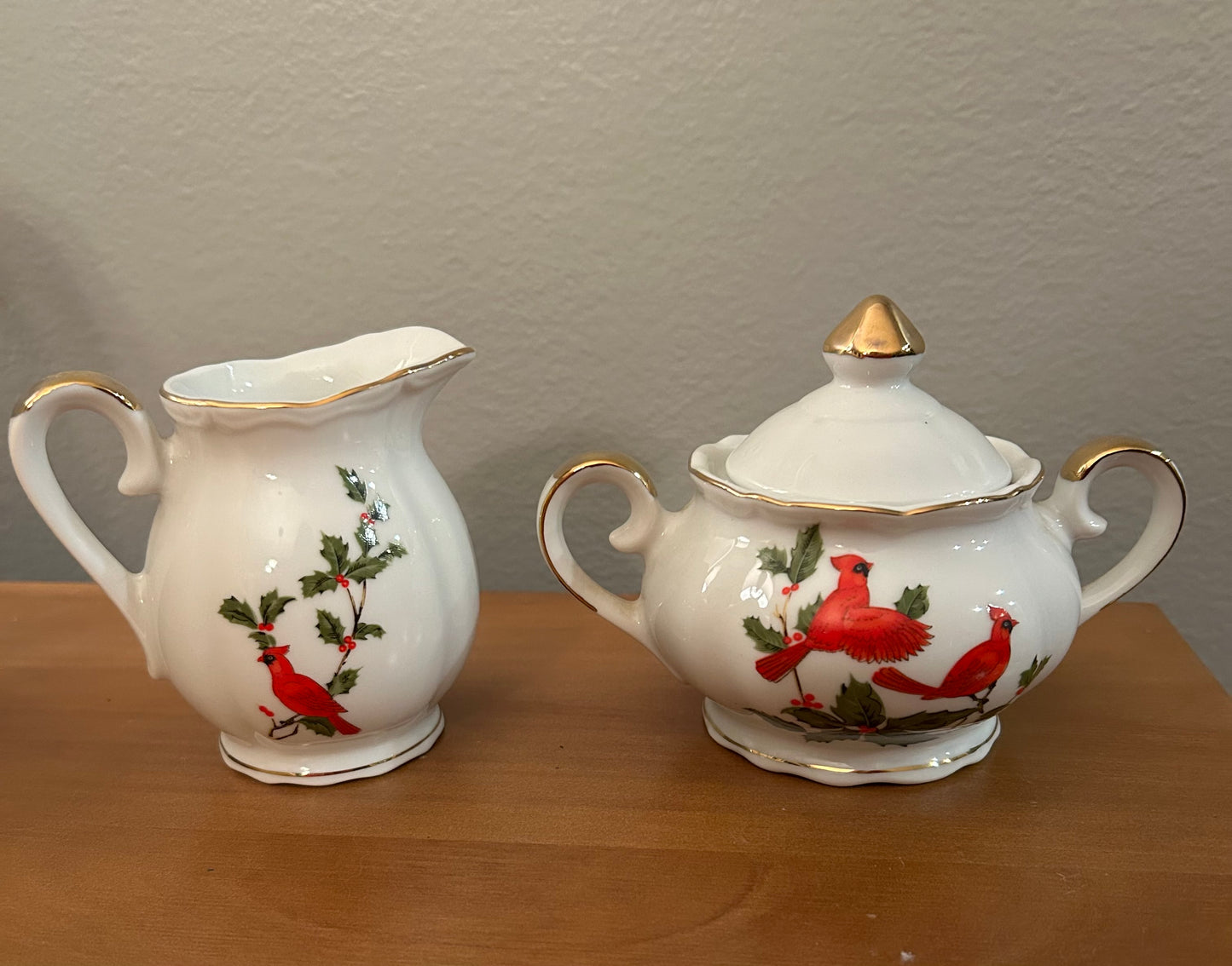 VTG Lefton Red Cardinal Holly Sugar Creamer Christmas Set Japan Bone China