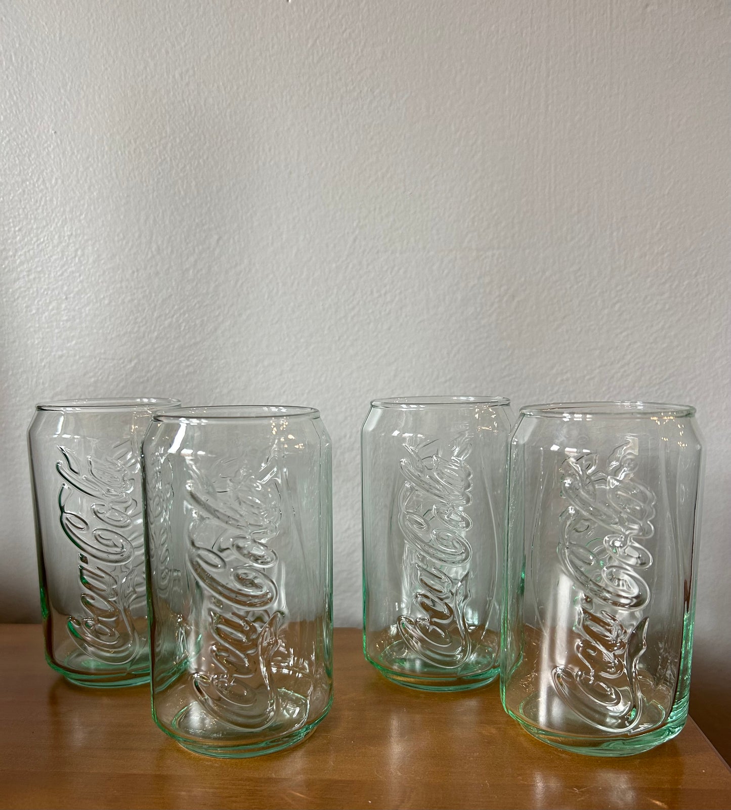 Coca-Cola Coke Can Embossed Logo Clear Green Glasses 12 Ounce Vintage Set of 4