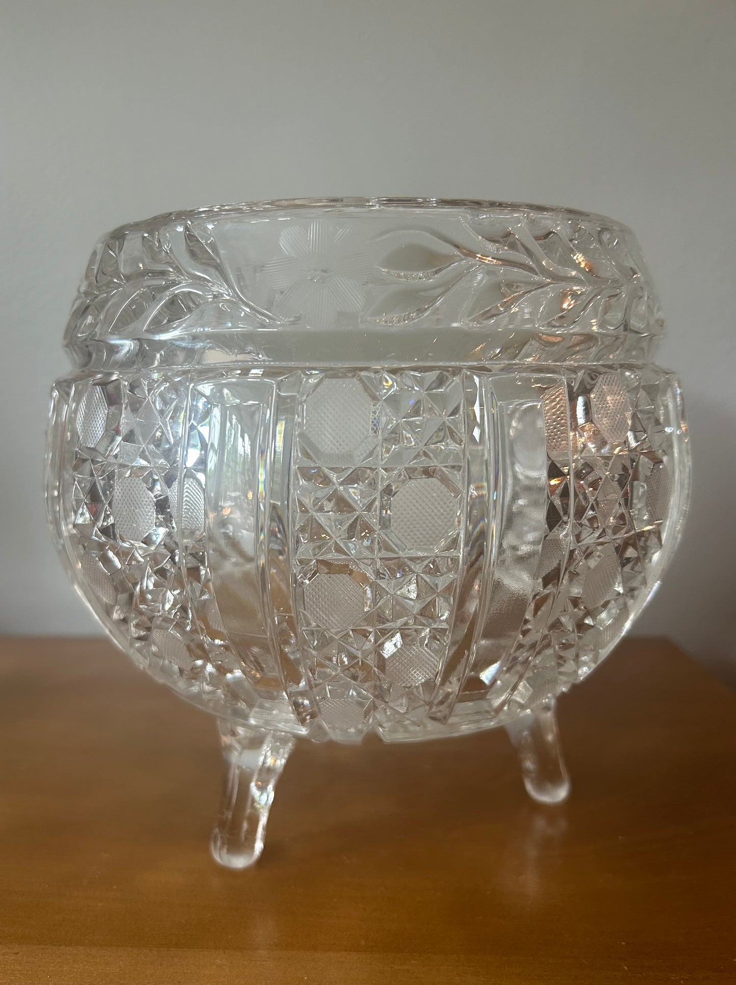 American Brilliant 3 Footed Crystal Clear Bowl Etched Flowers and Dots Vintage