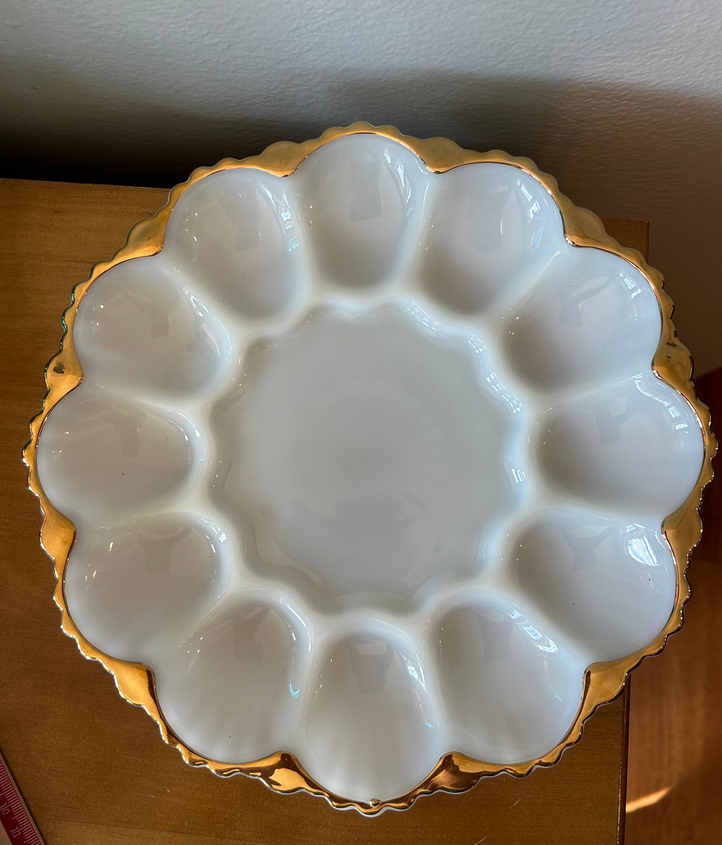 Vintage White Milk Glass Egg Plate Gold Trim Mid Century