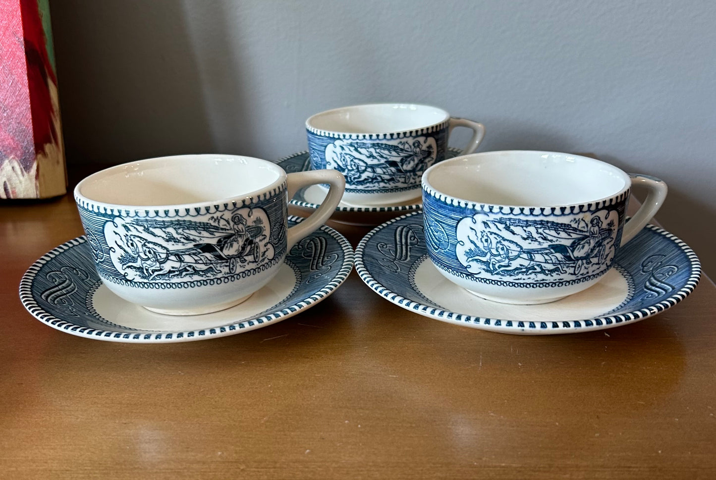 CURRIER & IVES BLUE BY ROYAL CHINA 3 FLAT TEA CUPS AND SAUCERS MADE IN USA