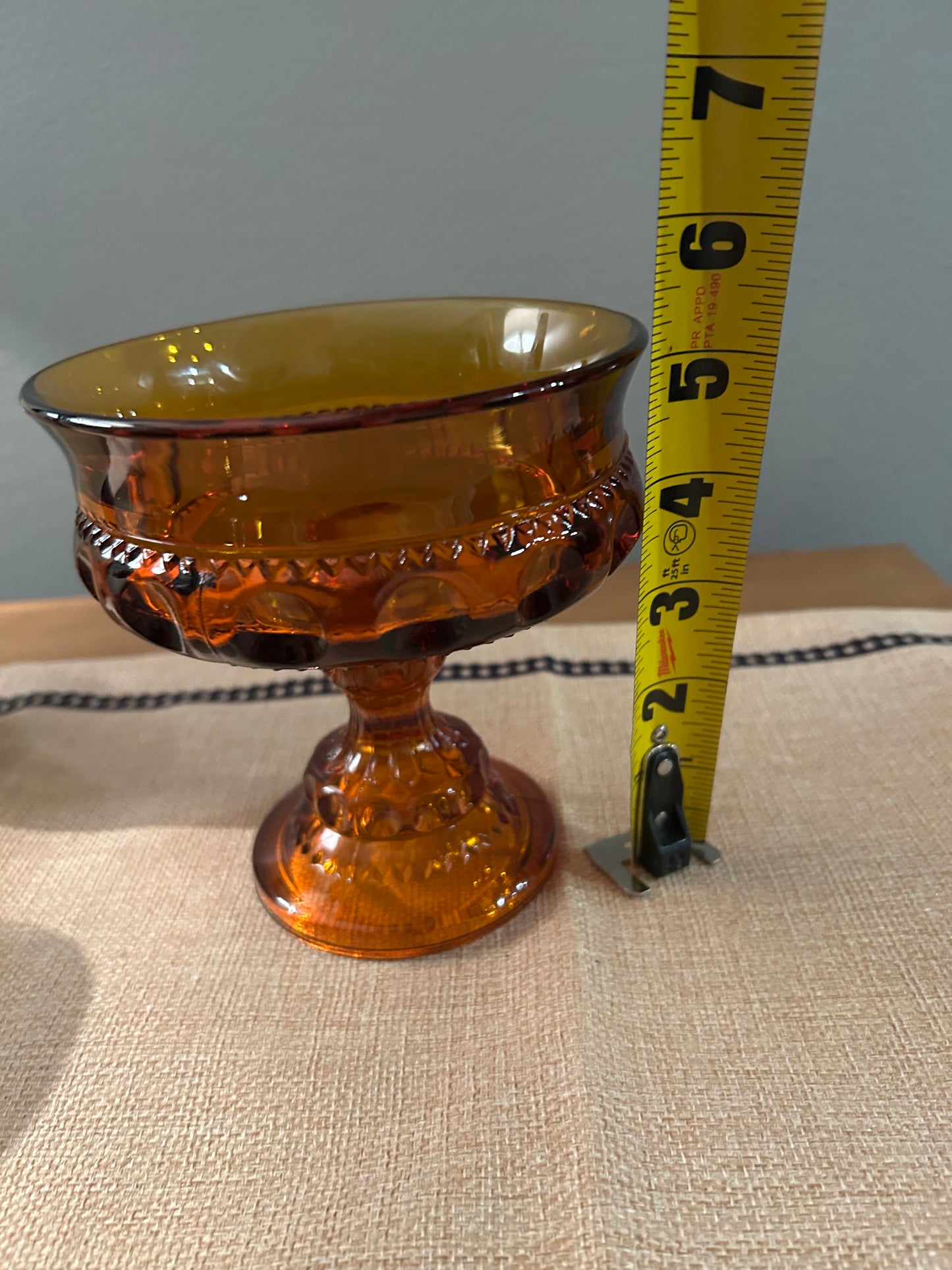 VTG Indiana Amber Glass Thumbprint Kings Crown Compote Candy Dish Bowl