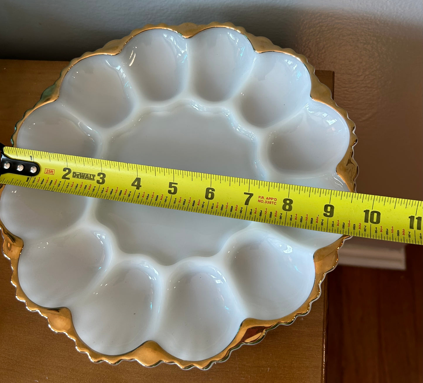 Vintage White Milk Glass Egg Plate Gold Trim Mid Century