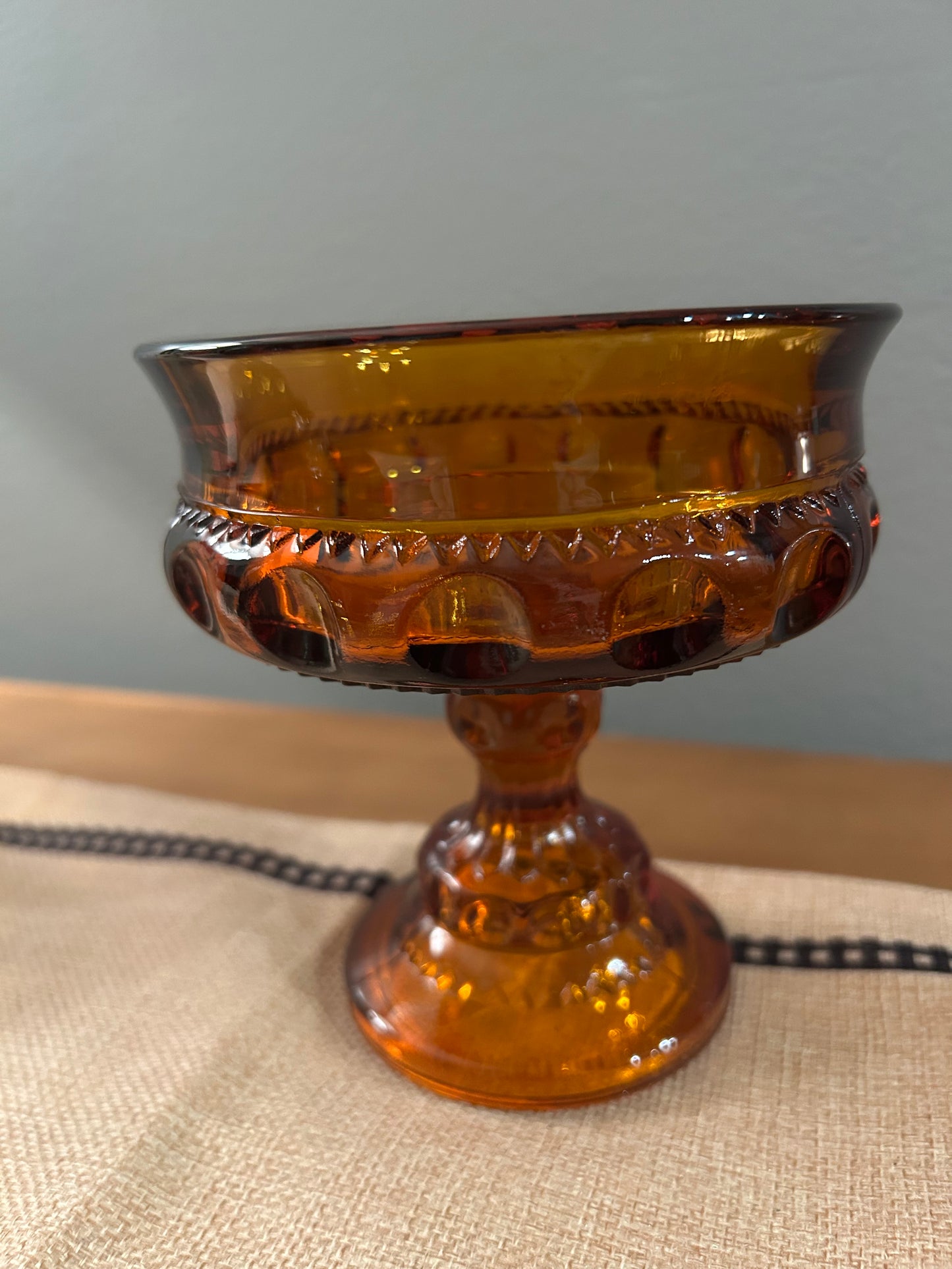 VTG Indiana Amber Glass Thumbprint Kings Crown Compote Candy Dish Bowl